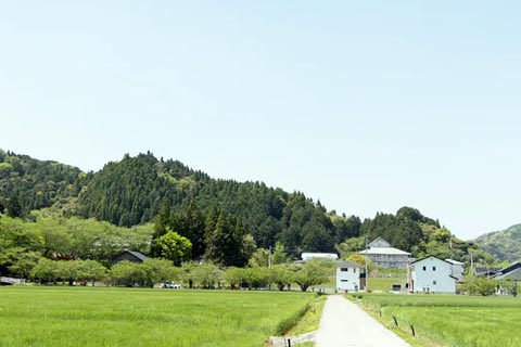 施設周辺の緑豊かな田園風景と建物群。広々とした野原と森に囲まれた環境。