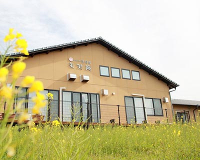 介護施設の建物外観。黄色い花が咲く庭の前に、ベージュ色の平屋建て施設が見える。
